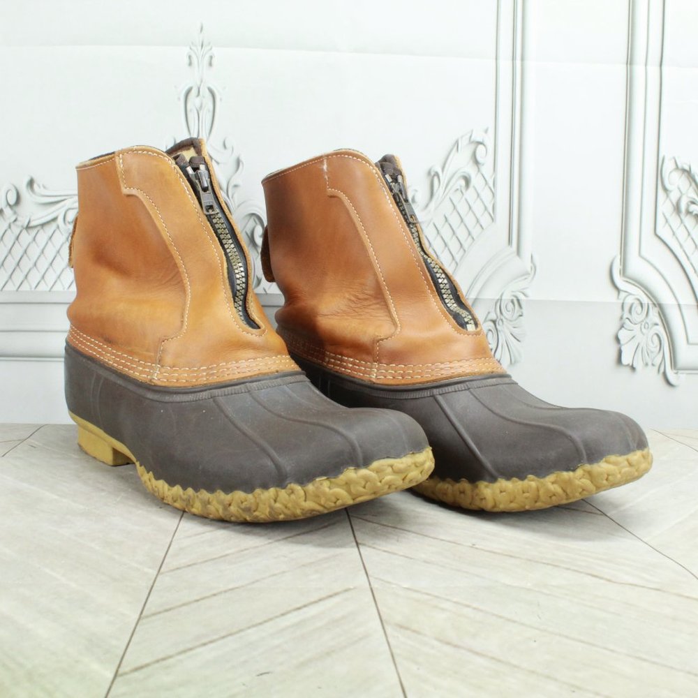 LL Bean Brown Leather Lounger Shearling Lined Front Zip Duck Boots Size 9 M - Picture 4 of 9